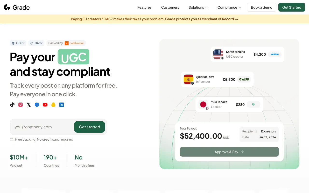 usegrade.com homepage: the headline about paying creators and staying compliant, an email sign-up field and a sample payout summary.