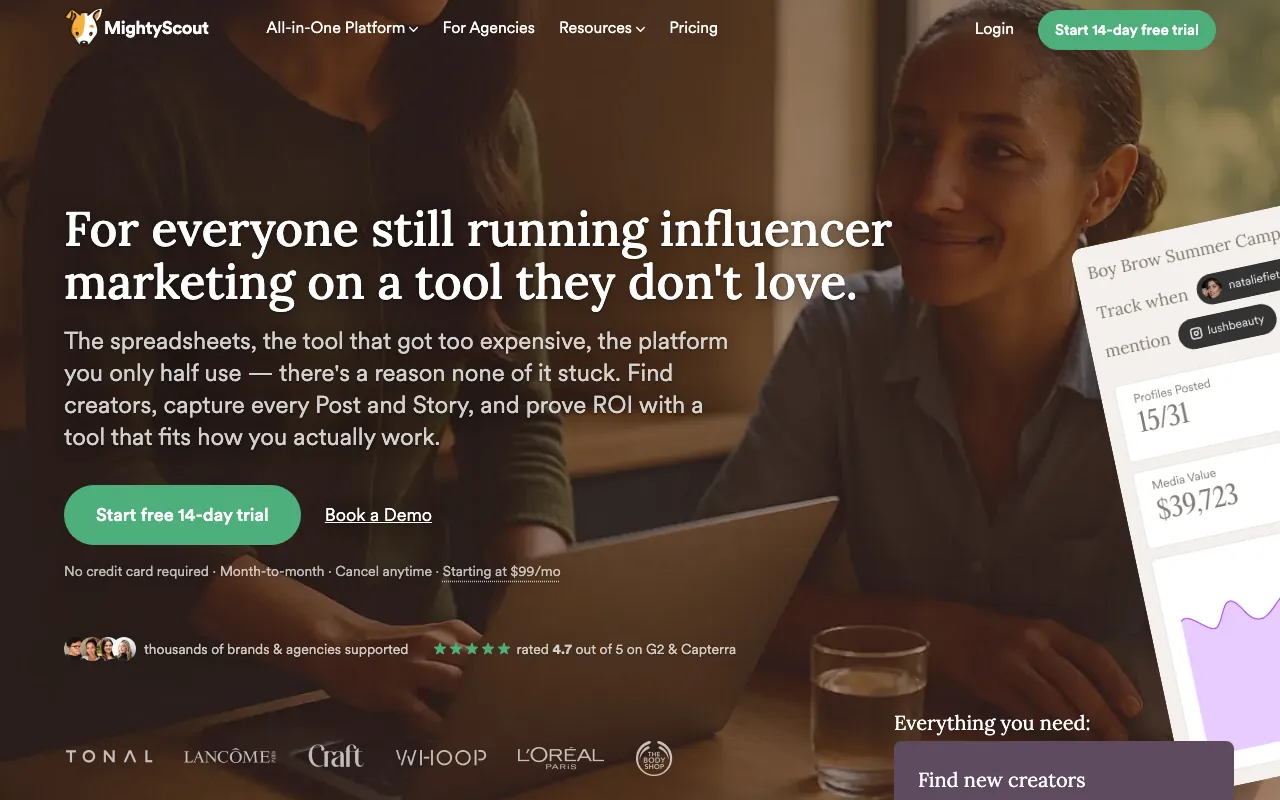 mightyscout.com homepage: the headline, a free trial button and a campaign report card with profiles posted and media value.