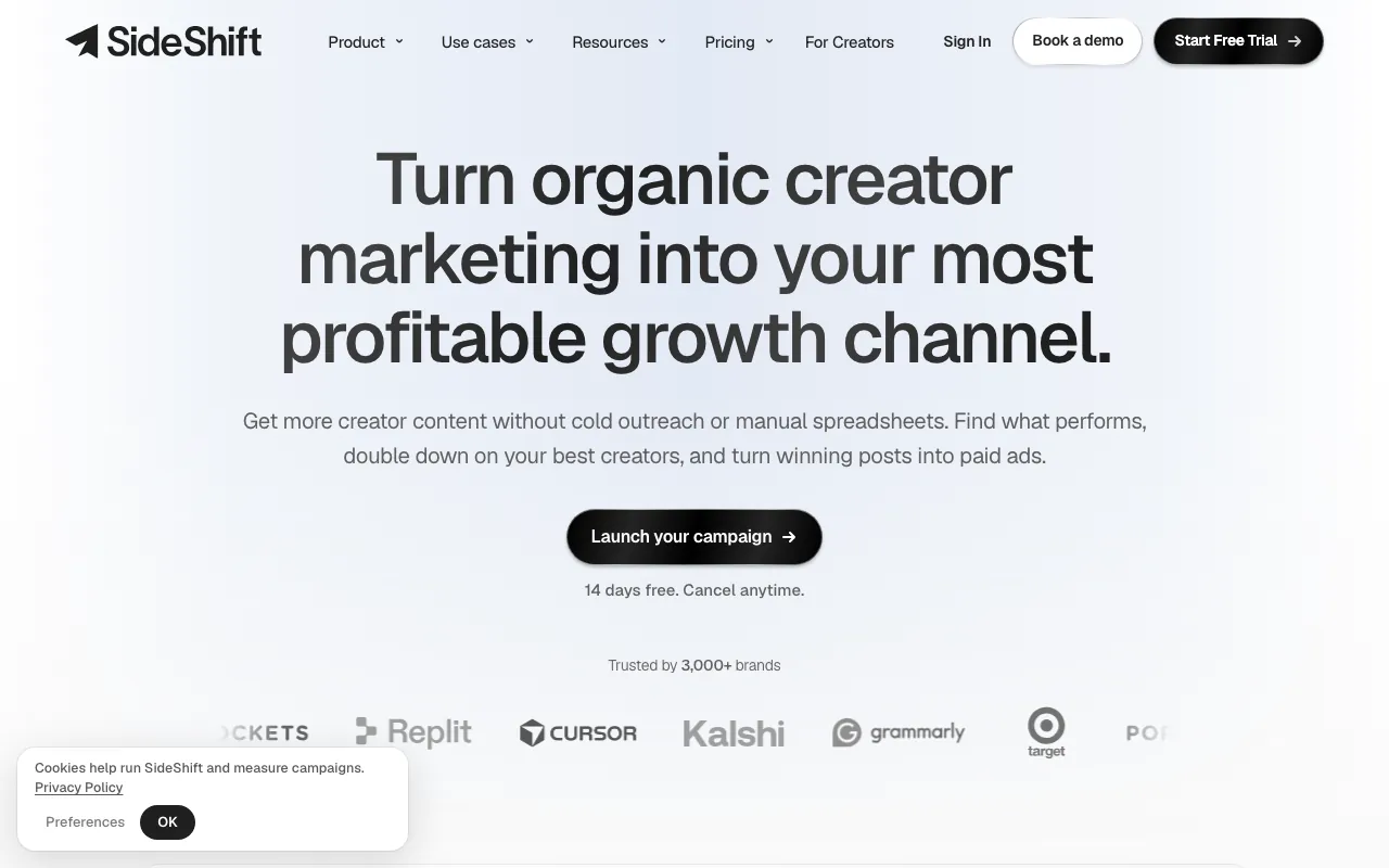 sideshift.app homepage: the headline about creator marketing, a Launch your campaign button and a row of customer logos.