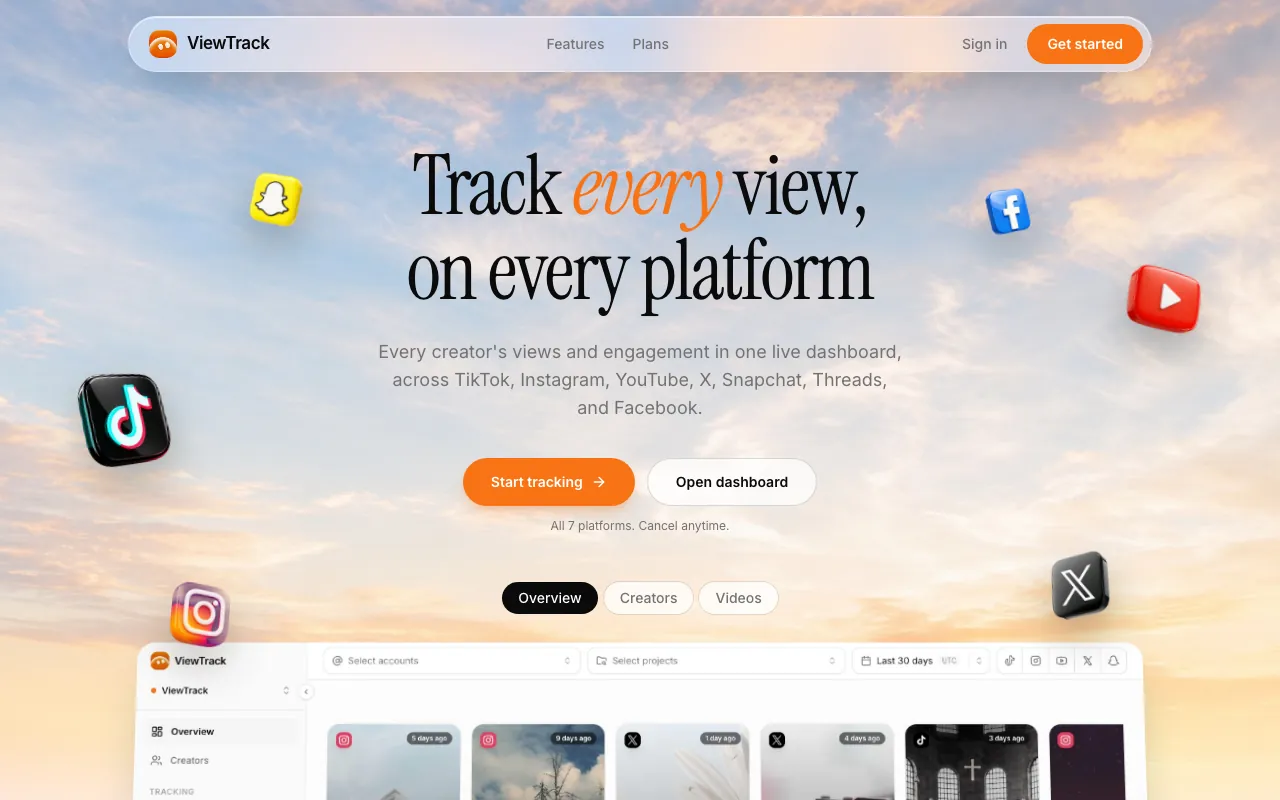 viewtrack.app landing page: the headline about tracking views on every platform, start buttons and the top of its dashboard.