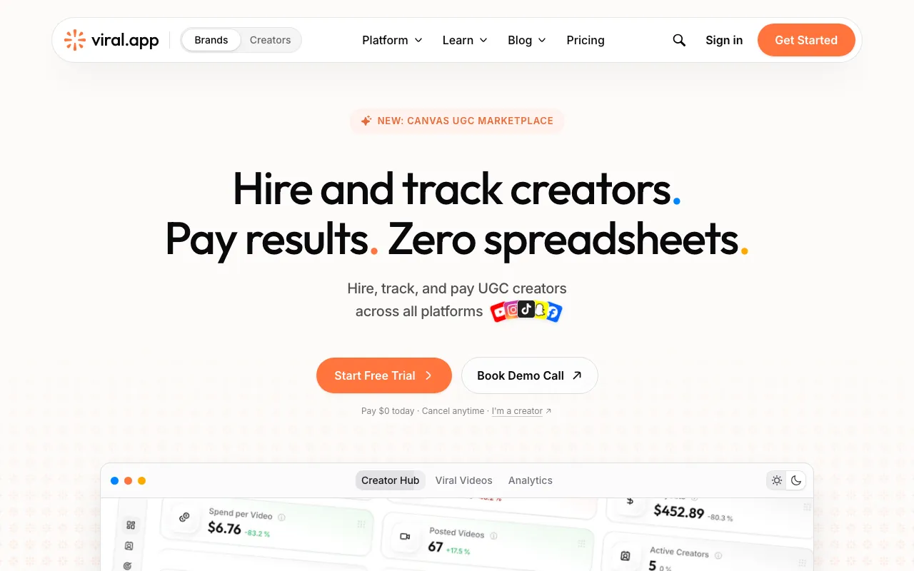 viral.app homepage: the headline about hiring, tracking and paying creators, trial and demo buttons, and the top of its dashboard.