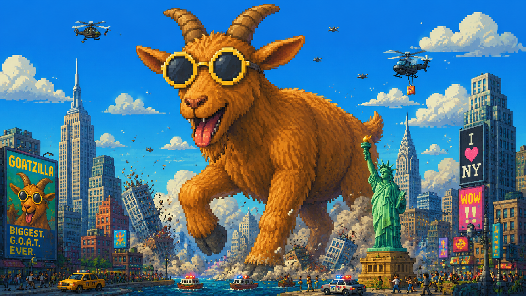 Goatzilla — pixel art giant goat stomping NYC