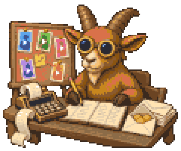 The trackagoat goat at a desk copying video views into a ledger, with short-video printouts pinned on a corkboard, an adding machine and envelopes of coins.