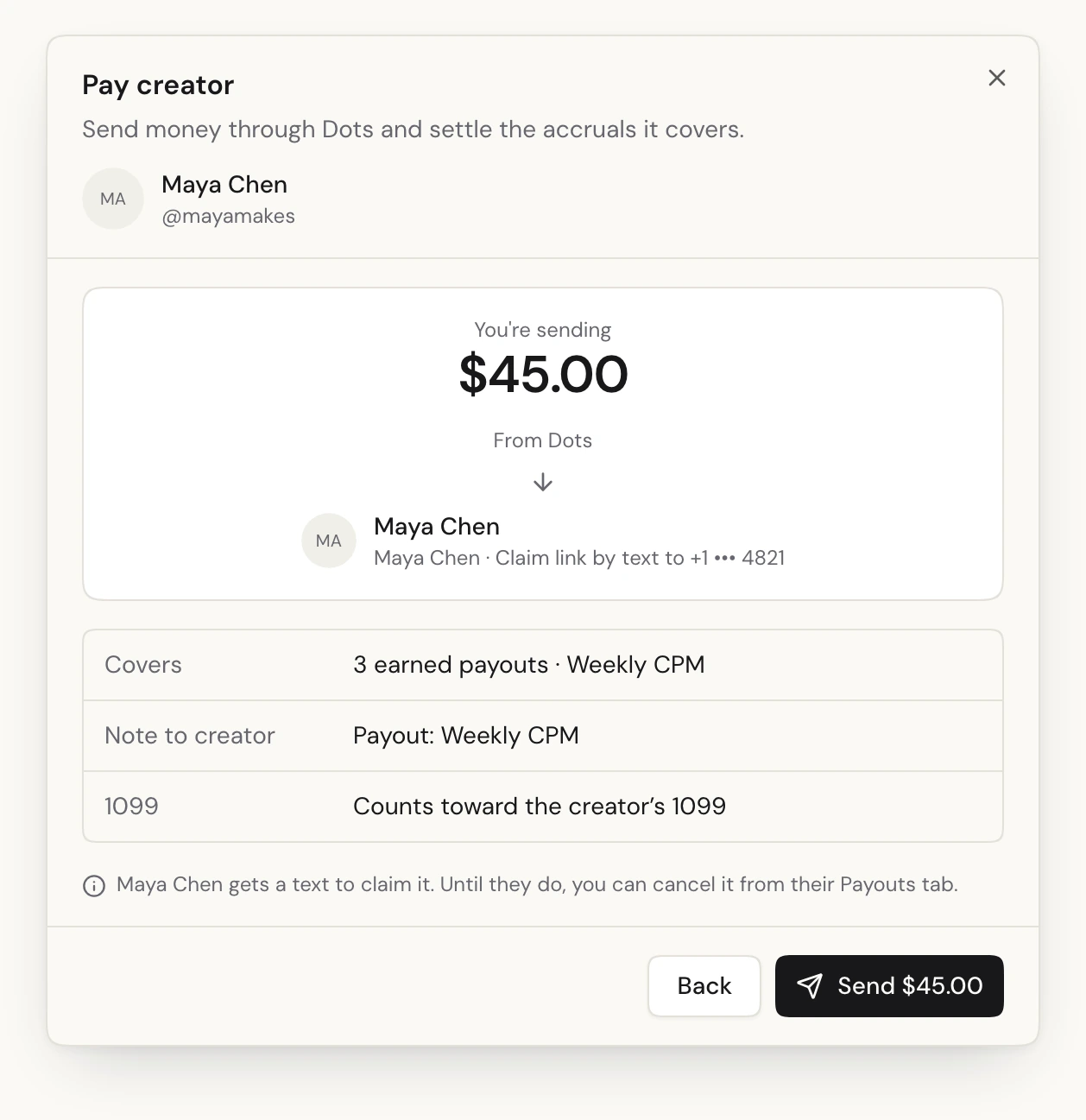 The review step: You're sending $45.00 from Dots to the creator, with what it covers, the note to the creator and the 1099 setting, and a Send button.