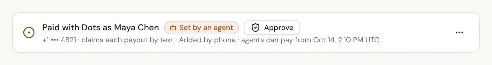 A payee an agent set, with the Set by an agent badge and an Approve button.