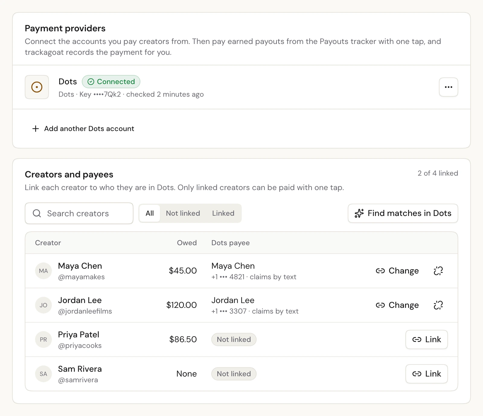 Payment providers with a connected Dots account, and the Creators and payees table showing what each creator is owed and who they're paid as.