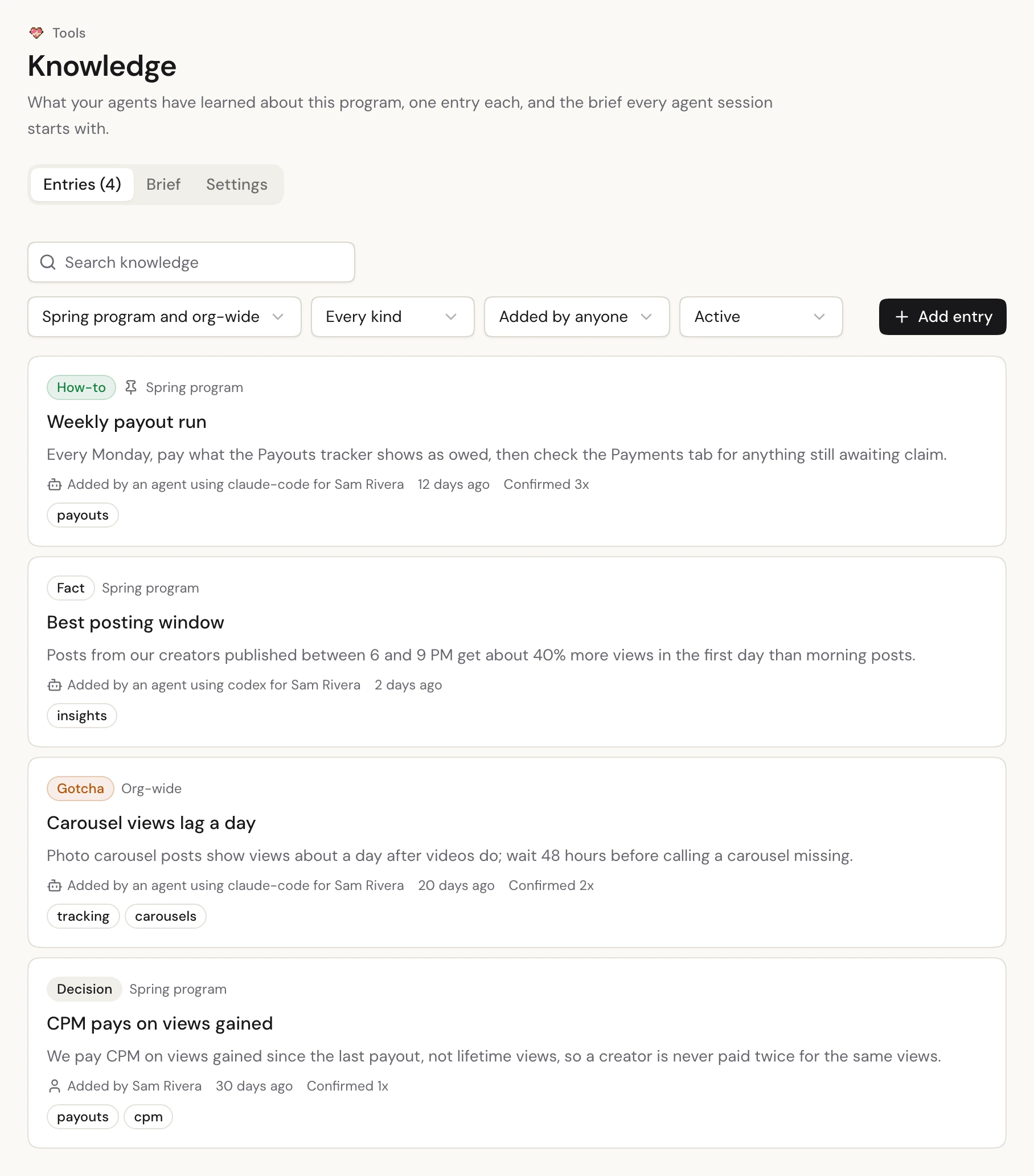 The Knowledge page: entries added by agents and people, each with its kind, project, who added it and tags.